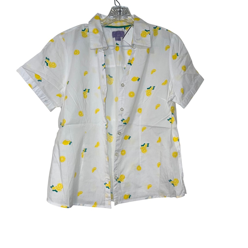 Laura Scott Lemon Print‎ Button Down Shirt Womens LP White Yellow Cotton Blend